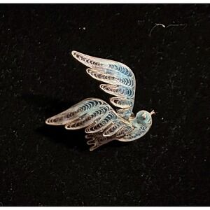 800 Silver Filigree & Blue Enamel Bird Pin